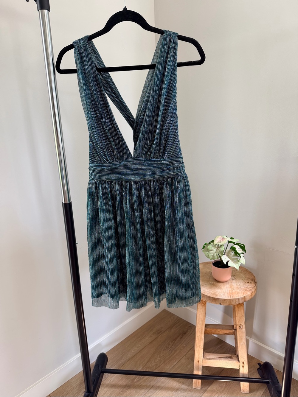 Lulu's Shimmery Teal Plunge Halter Dress - Picture 2 of 6